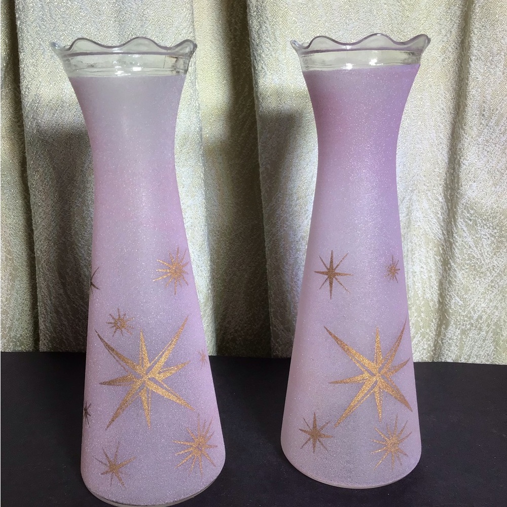 Rare atomic gold stars pink sugar glass vase pair with flared scalloped tops